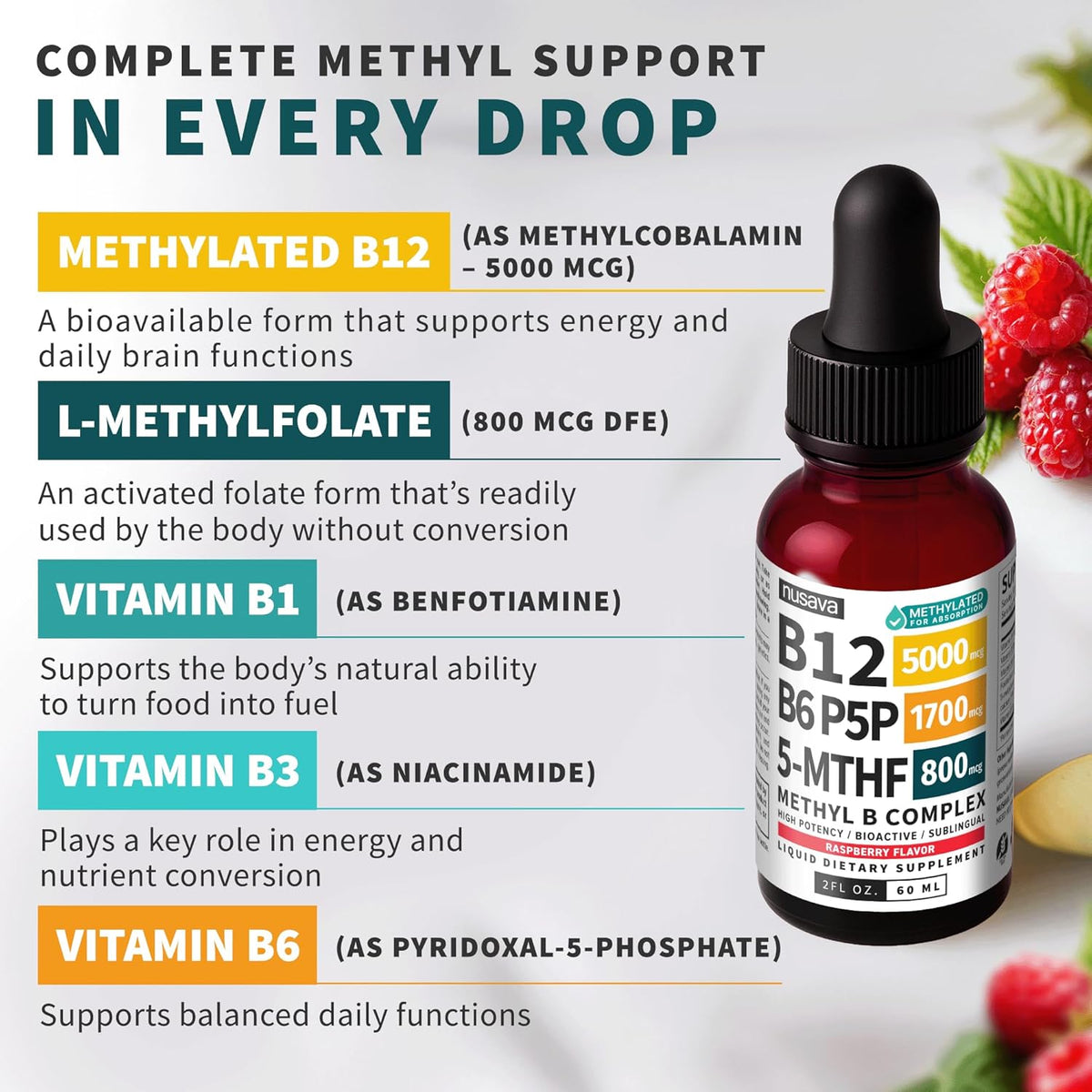 (2-Pack) Methylated B Complex Liquid Drops - Vitamin B Complex with Active L Methylfolate - B12 Sublingual Drops - Vegan B12 Vitamin 5000mcg, Non-GMO, Raspberry Flavor, No Sugar, 2 Fl oz, 80 Servings