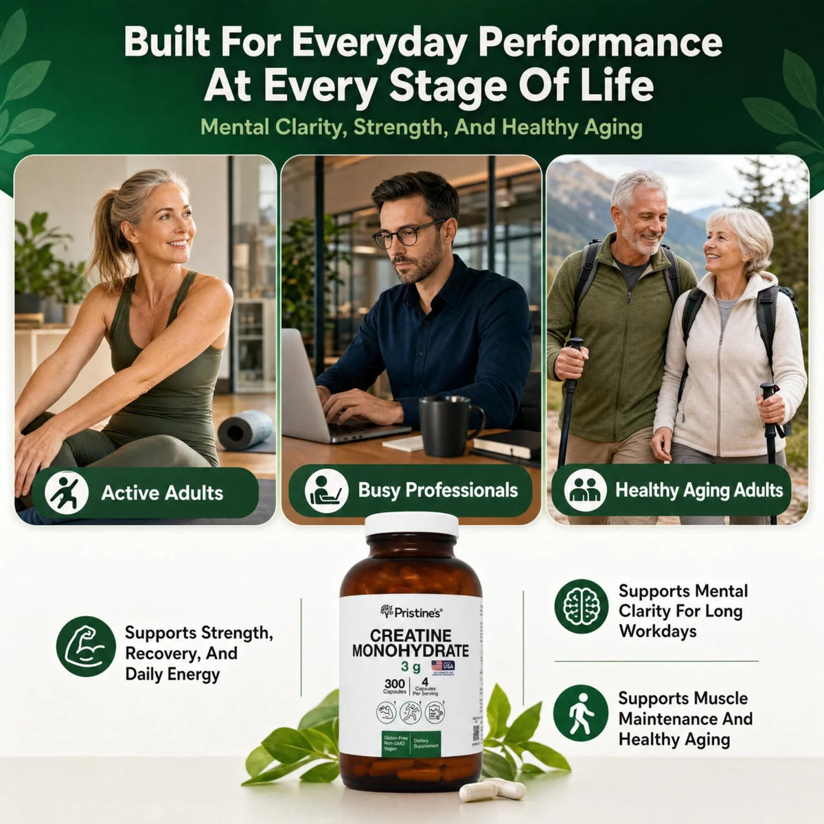 PRISTINE'S Creatine Monohydrate Capsules for Women & Men - NSF Certified 75 Day Supply 3G Creatine Pills for Women - Cognitive & Athletic Performance Support