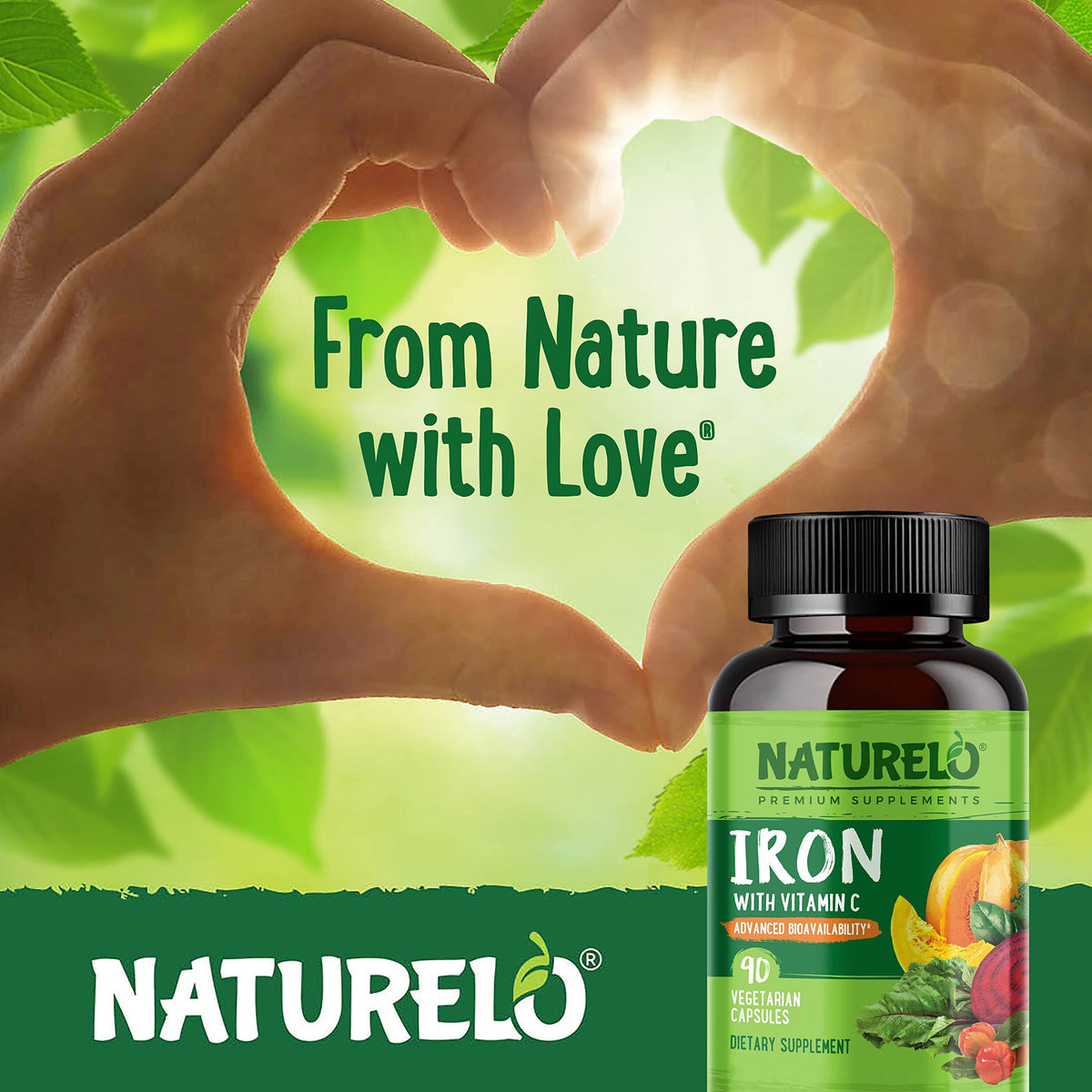 NATURELO Vegan Iron Supplement with Vitamin C and Organic Whole Foods - Gentle Iron Pills for Women & Men with Iron Deficiency Including Pregnancy