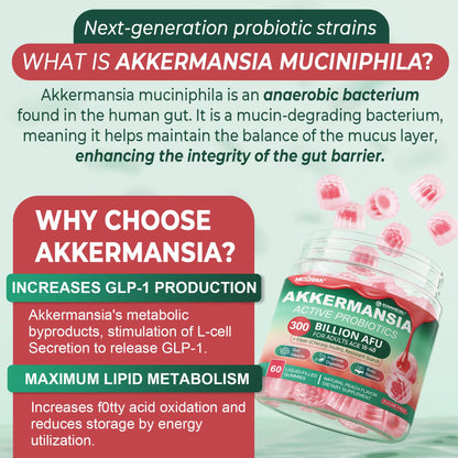 Akkermansia Probiotics Gummies with Prebiotics Fiber, 300 Billion AFU Akkermansia Muciniphila, with Polyphenol Fruits, Resistant Starch