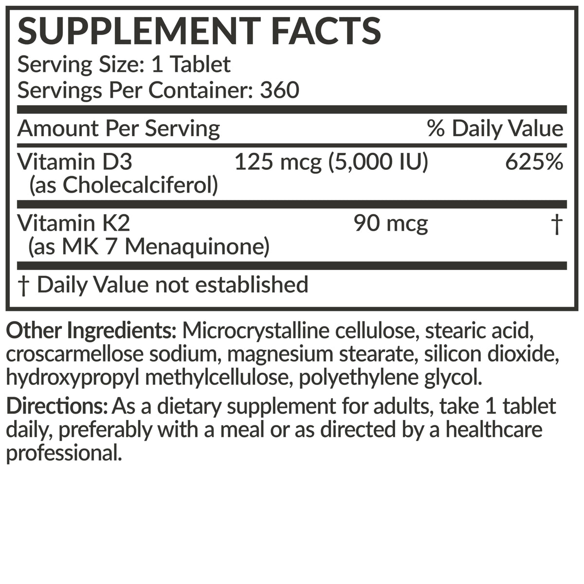 Futurebiotics Vitamin K2 with D3, 2 in 1 Support, 5000 IU Vitamin D3 & 90 mcg Vitamin K2 MK-7 Non-GMO, 120 Tablets