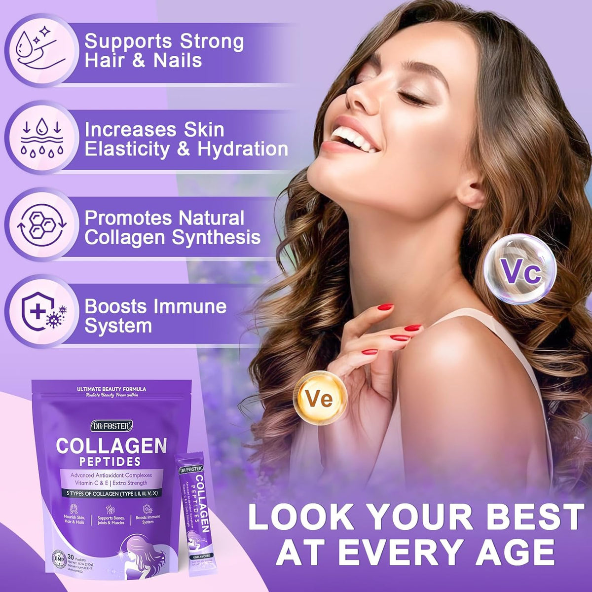 DRFOSTER Multi Collagen Peptides Powder Packets for Women, 30 Sticks Packs | Types I, II, III, V and X, with Antioxidant Blend + Vitamin C & E for Skin, Hair, Nails and Joint Support, Non-GMO