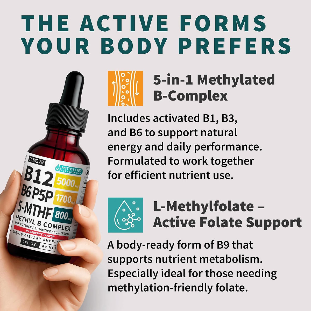 NUSAVA (2-Pack) Methylated B Complex Liquid Drops Raspberry and (2-Pack) Xtra Strength Vitamin D3 K2 Drops - Methylfolate B12 and High Potency Liquid D3 for Bone and Daily Energy Support