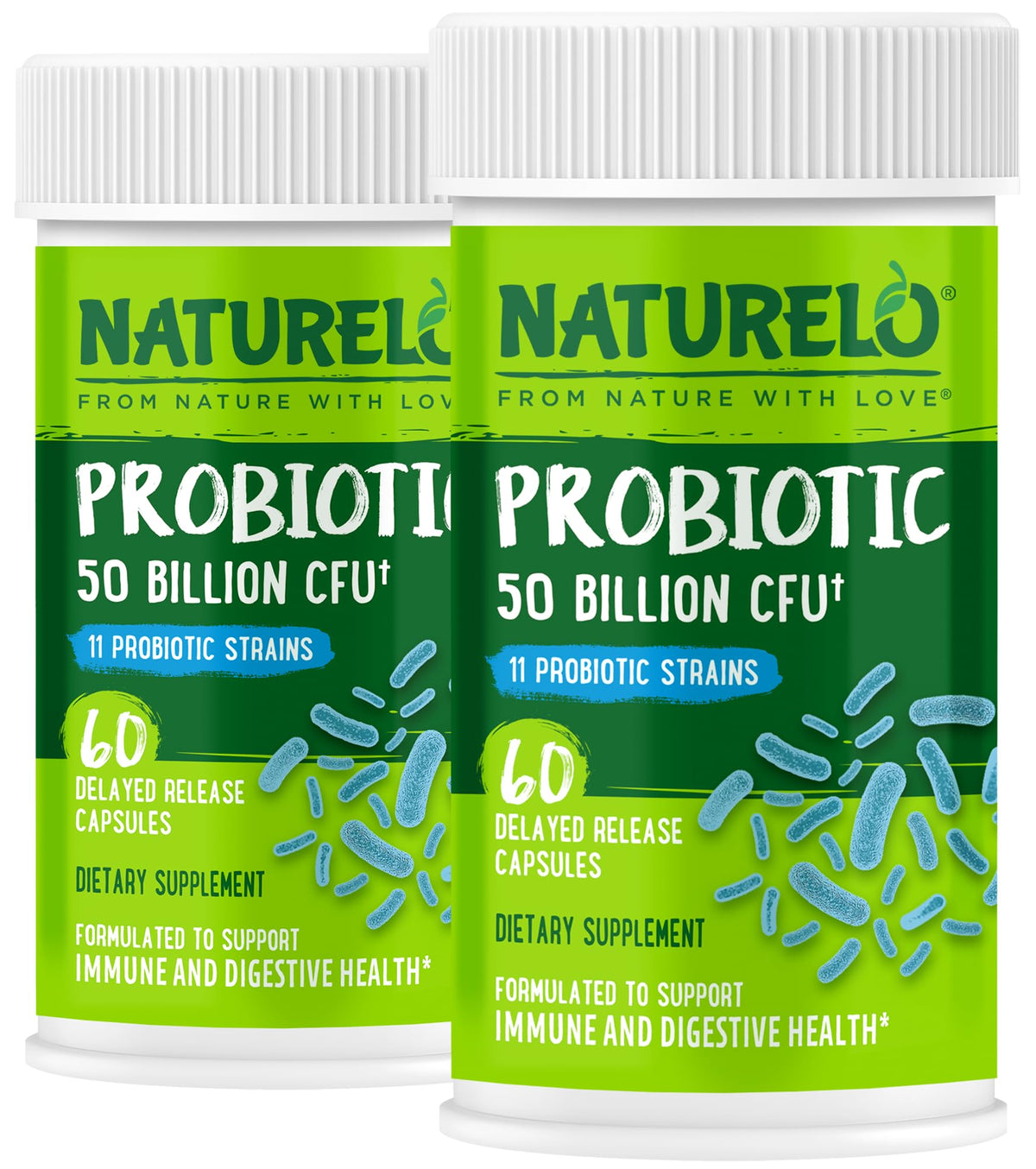 NATURELO Probiotics for Digestive Health - 50 Billion CFU, 11 Strains, Daily Use Supplement - Boosts Immune System, Delayed Release,