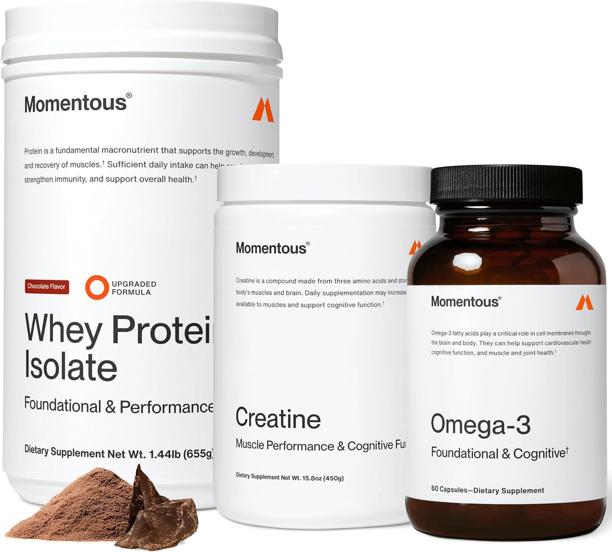 Momentous Three - Creatine Monohydrate Powder (90 Servings), Grass-Fed Whey Protein Powder (Chocolate) & Omega-3 Fish Oil 1600mg - Daily Essentials for Strength, Performance & Lean Muscle Recovery