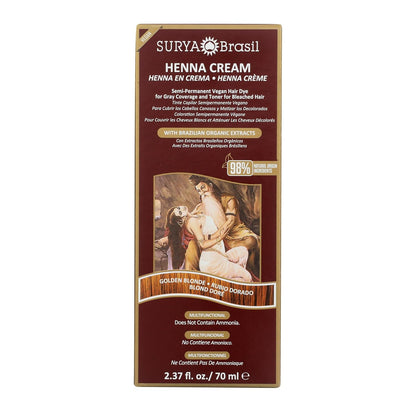 Surya Brasil Henna Cream Golden Blonde - 98% Natural Ingredients, Vegan, Cruelty-Free, Eco-Friendly, Semi-Permanent Hair Color, Deep Hydration & Shine, 2.37 oz