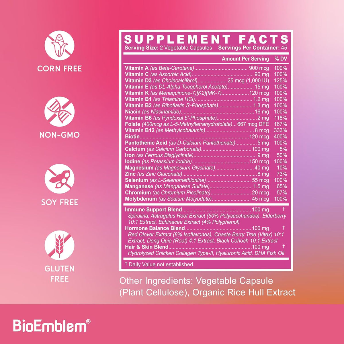 BioEmblem Women's Multivitamin - 21 Active Vitamins & Minerals - 90 Caps | Complete Daily Multi With Vitamin A, B12, B6, D3, Magnesium & Veggie Blends For Immunity, Energy, Hair, & Skin Support