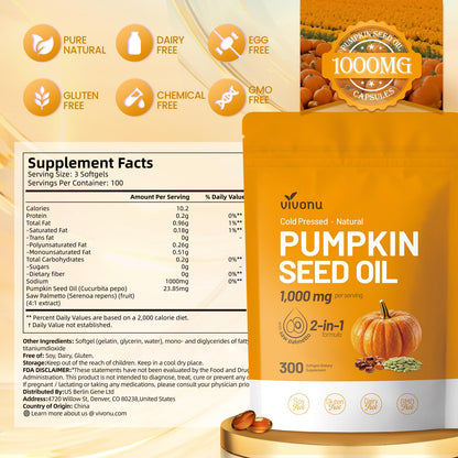 VivoNu Pumpkin Seed Oil with Saw Palmetto Capsules,3800mg 300 Softgels | Cold Pressed,Pure Virgin Oil,Essential Fatty Acids&Phytosterols | Supports Hair,Urinary,Bladder&Prostate Health|Non-GMO
