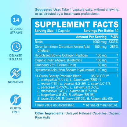 BioEmblem Women's Triple Magnesium Complex Beauty Probiotics - 120 Piece Assortment - Unflavored