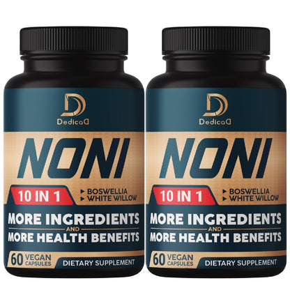 Two bottles of Dedica Noni dietary supplement on a white background