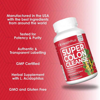 Health Plus Super Colon Cleanse Detox Capsules, 60 Day Supply, 240 Ct | Capsules with senna and psyllium husk, 120 servings; may support occasional constipation relief and gentle gut cleansing