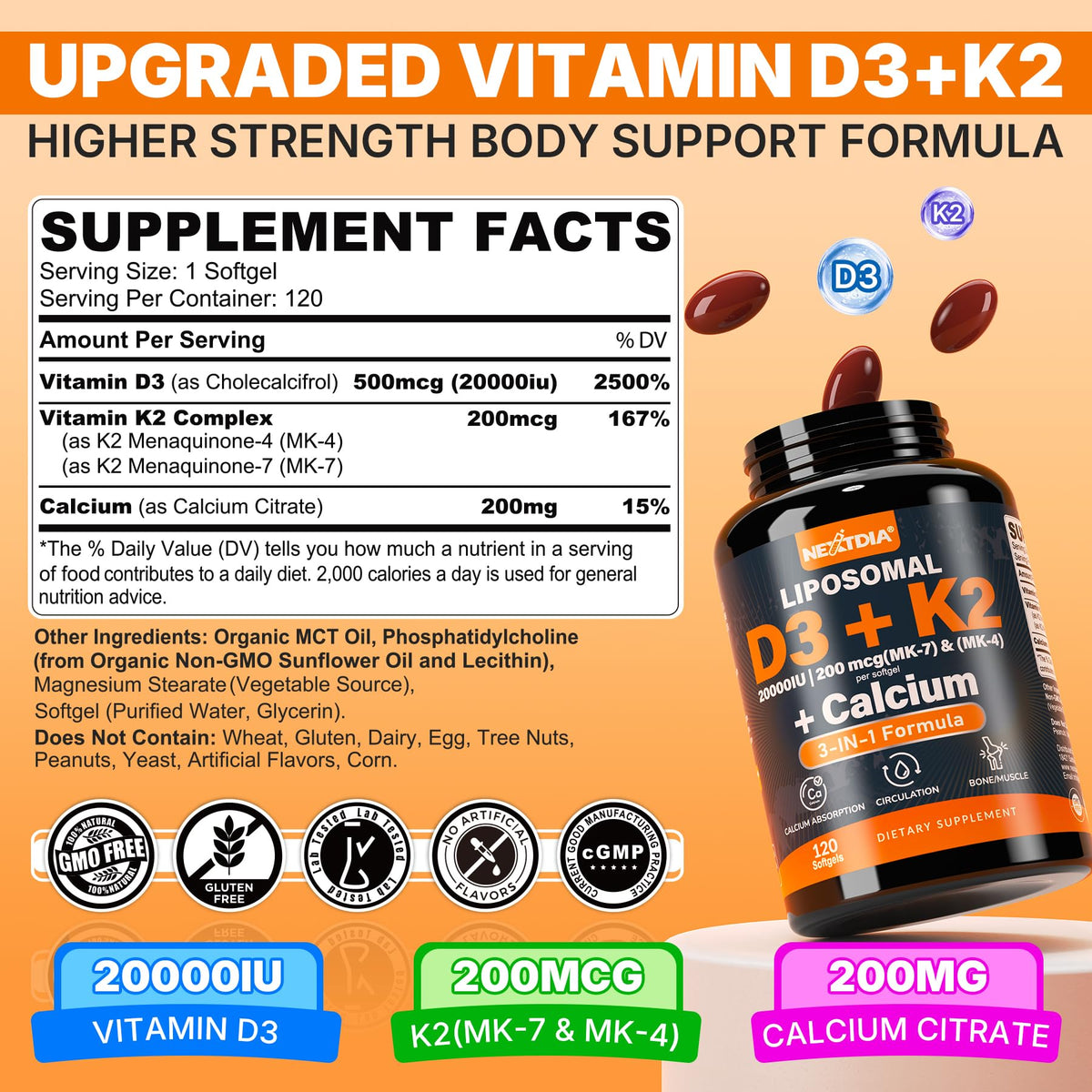 Vitamin D3 20,000 IU + K2 Vitamin (MK4 & MK7) 200mcg + Calcium Citrate, Optimal Vitamin D3 K2 Softgel - Strong Bone & Muscle, Calcium Absorption, Helping Vitamin D Deficiencies, Easy to Swallow, 2Pack