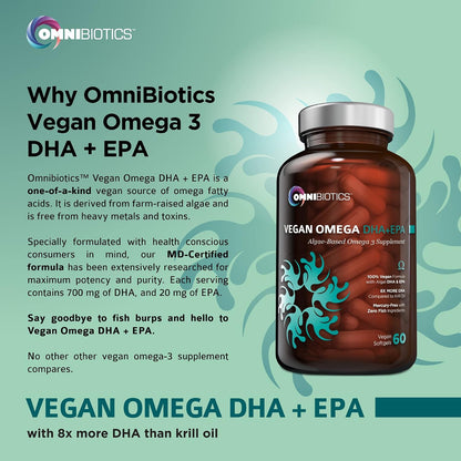 OmniBiotics Vegan Omega 3 DHA EPA Supplement – MD-Certified Prenatal Supplement with 8X More DHA Than Krill Oil, Fish-Free, Non-GMO – 60 Vegan Capsules