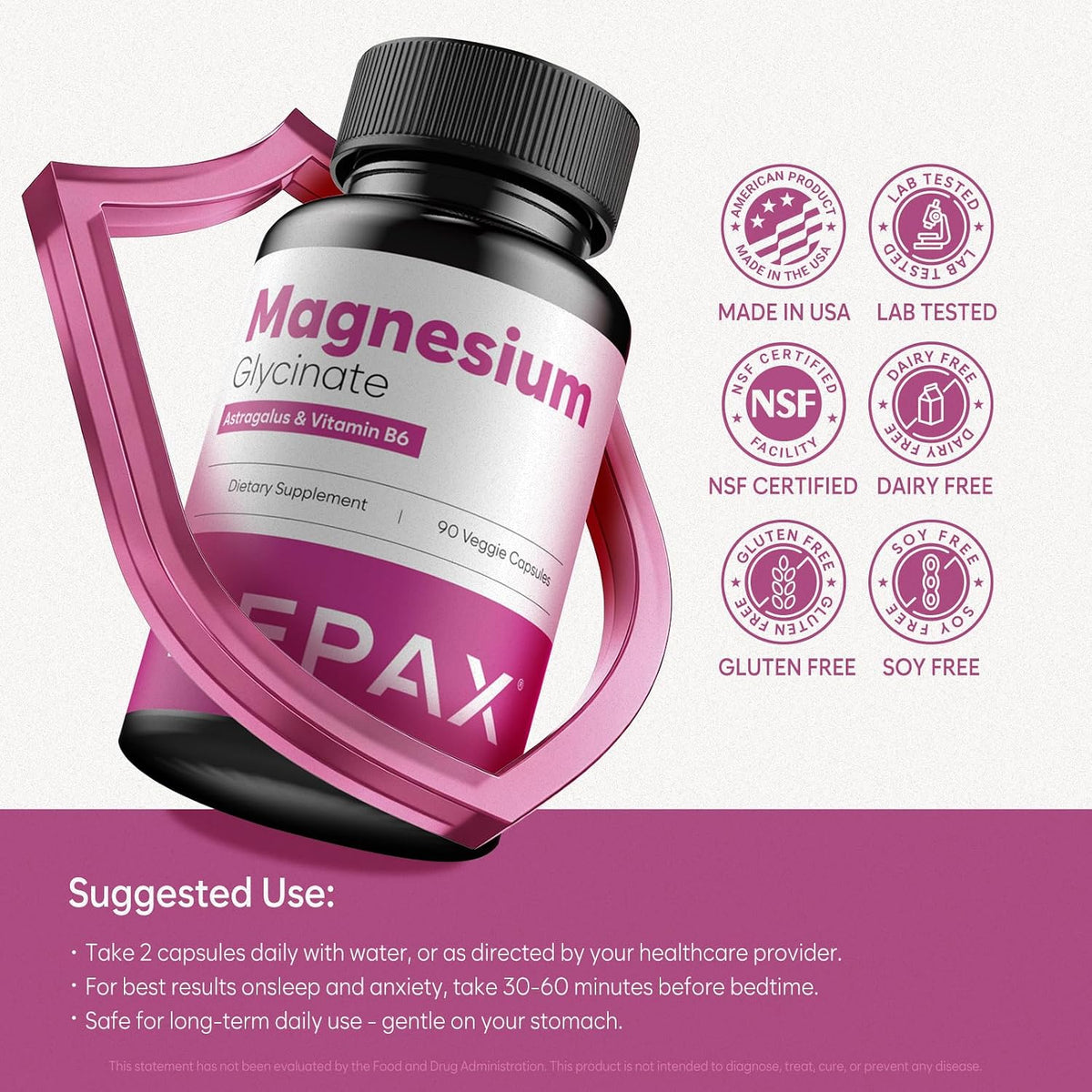 Magnesium Glycinate 300mg - High Absorption Chelated Magnesium Supplement for Sleep, Muscle Relaxation & Leg Cramps, with Vitamin B6 & Astragalus, Vegan, Non-GMO, Gluten-Free, 90 Capsules, Made in USA