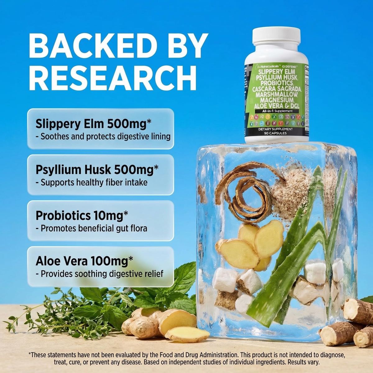 Clean Nutraceuticals Slippery Elm Psyllium Husk Pre Probiotic Digestive Gut Health Supplement with Aloe Vera Cascara Sagrada