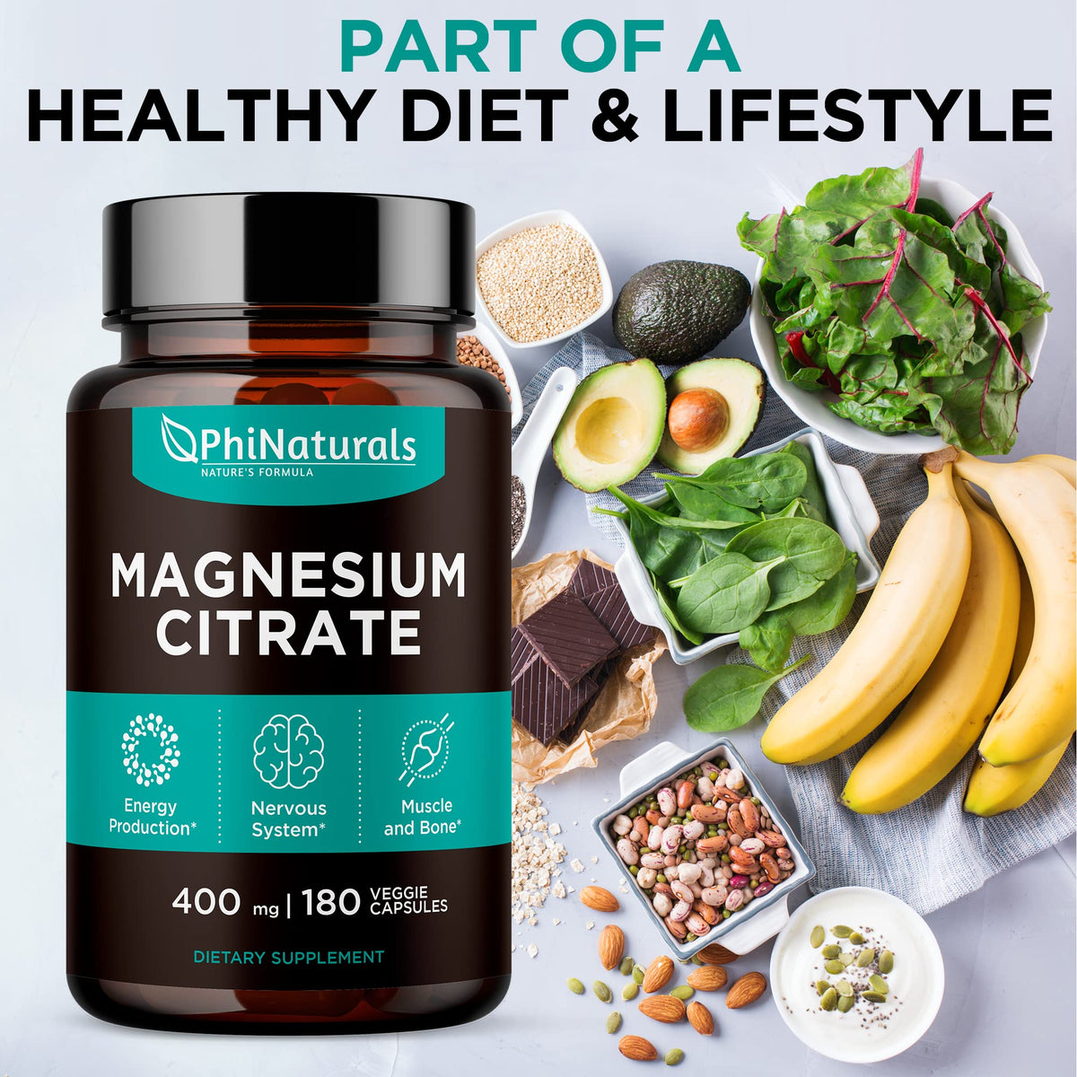 Magnesium Citrate Powder Capsules 400mg - 180 Count Veg Caps - PhiNaturals Supplements - Nervous System Support and Enzyme Function