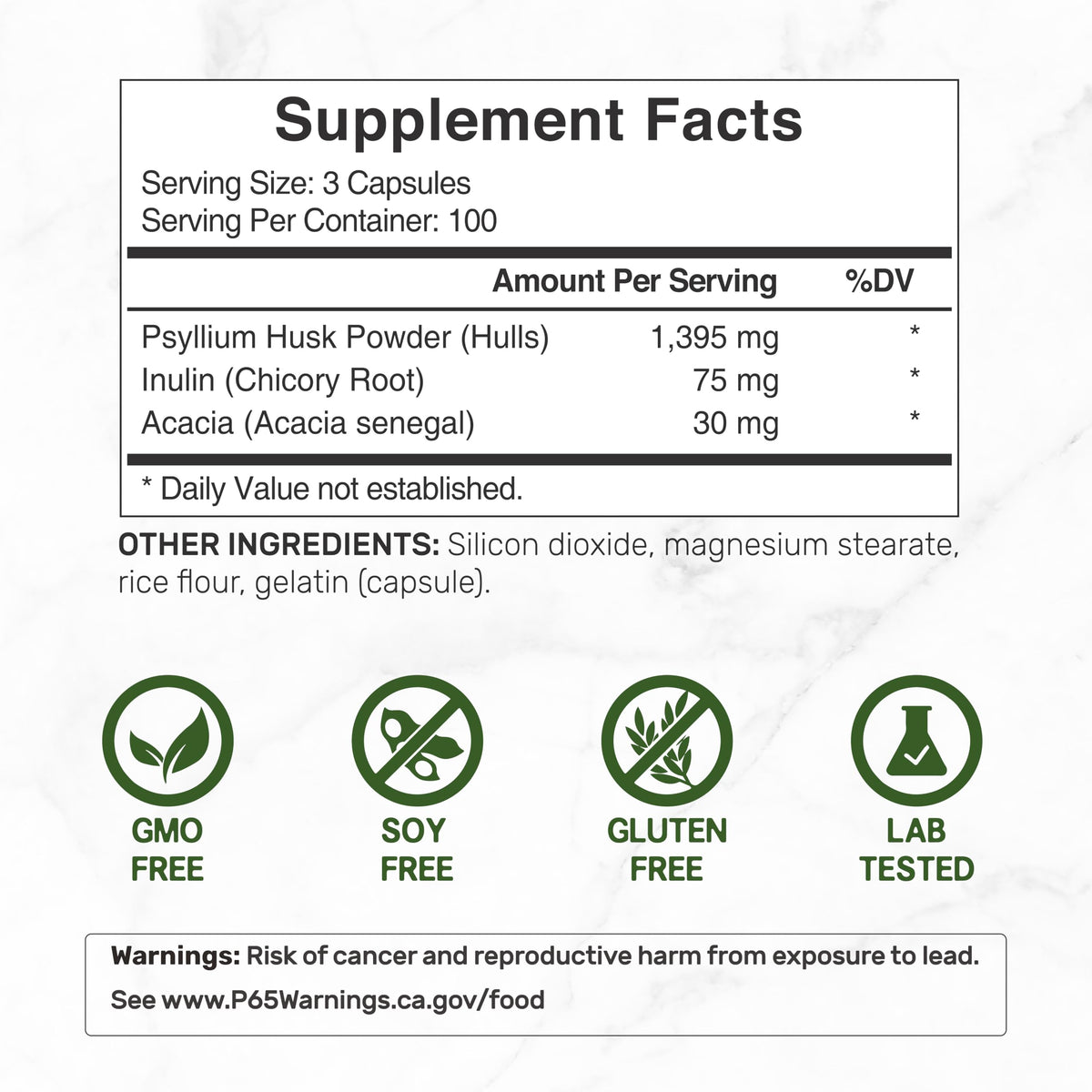 Psyllium Husk 1500mg Per Serving, 300 Capsules – 3 in 1 Fiber Supplement with Inulin & Acacia Complex – Natural Soluble Fiber
