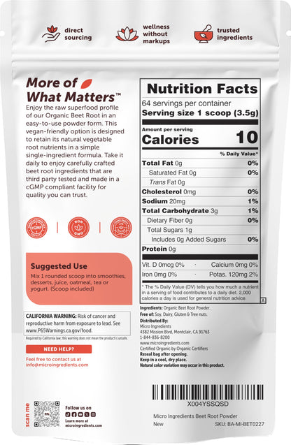 Micro Ingredients Organic Beet Root Powder, 4lb (64 oz) | Nitric Oxide Supplement, Water Soluble, Highly Concentrated Raw Beet Supplement, Superfood Drink Mix, Non-GMO, Plant Based