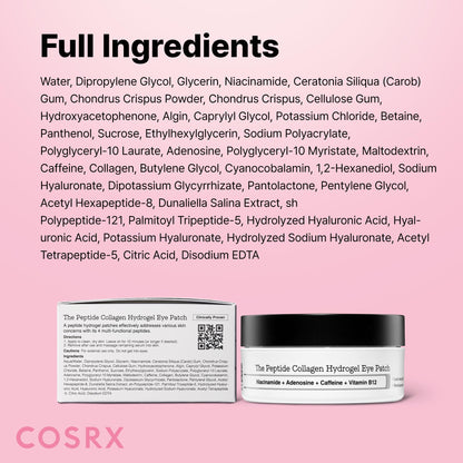 COSRX Pink Peptides Collagen Hydrogel Eye Patch for Puffy Eyes and Dark Circles, Under Eye Mask, 60 Under Eye Patches, Korean Skin Care
