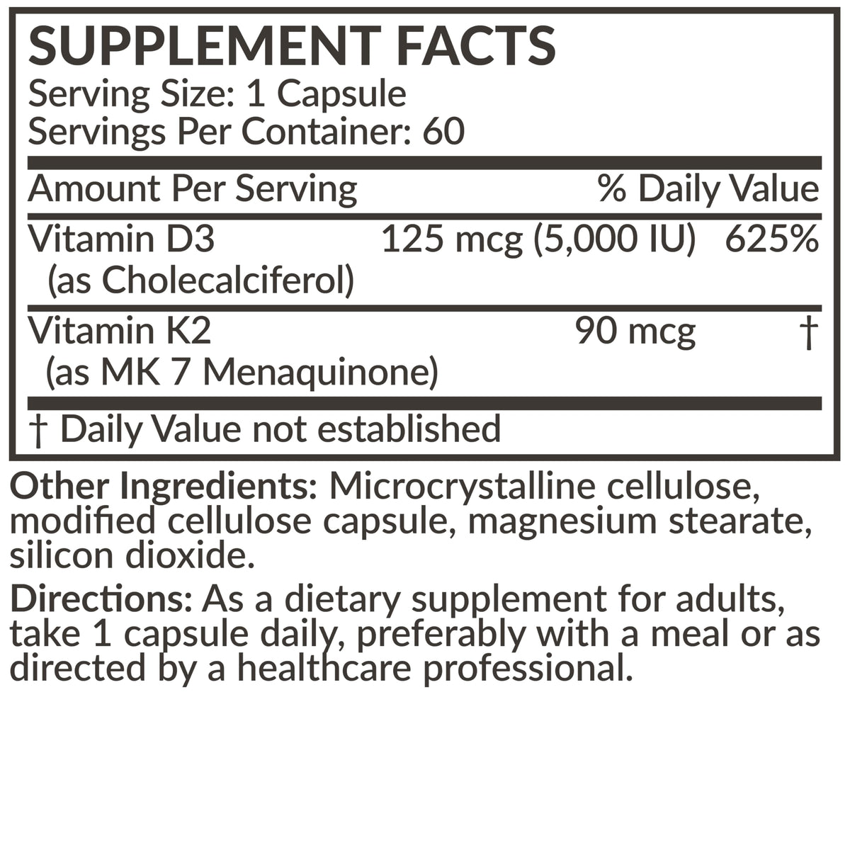 Futurebiotics Vitamin K2 (MK7) with D3 Supplement - Non-GMO Formula - 5000 IU Vitamin D3 & 90 mcg Vitamin K2 MK-7, 120 Vegetarian Capsules