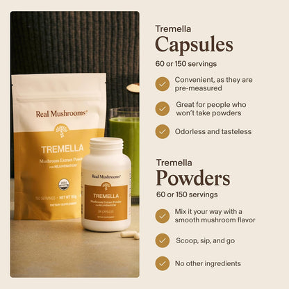 Real Mushrooms Tremella Mushroom Powder – Organic Tremella Extract from Fruiting Body – for Daily Wellness Routine – Vegan, Non-GMO, No Fillers – 150 Servings Mushroom Blend Supplements