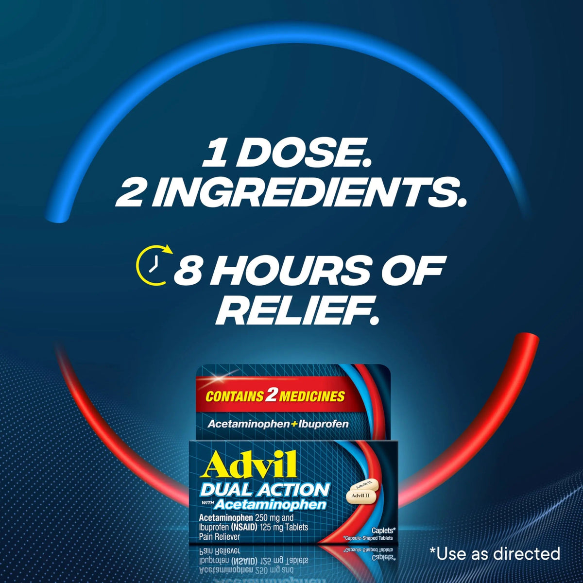 Advil Dual Action Coated Caplets with Acetaminophen, 250 Mg Ibuprofen and 500 Mg Acetaminophen Per Dose (2 Dose Equivalent) for 8 Hour Pain Relief - 72 Count AdvilBuy Supplements Australia