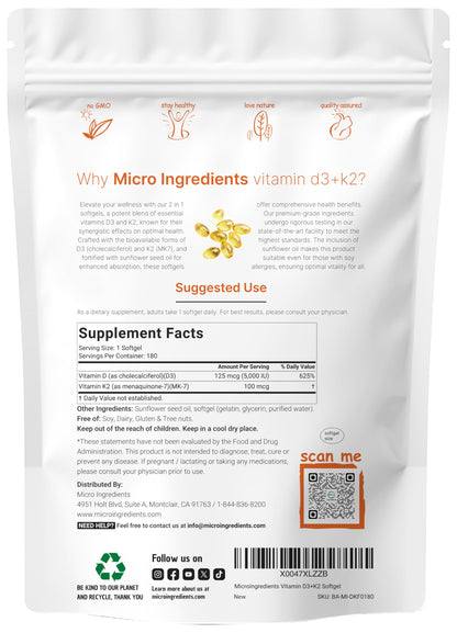 Micro Ingredients Vitamin D3 + K2 MK-7 5,000 IU Per Serving, 300 Softgels | K2 100 mcg Per Serving, D3 & K2 Vitamin Supplement for Women & Men. Easy-to-Swallow, Non-GMO, Gluten Free.