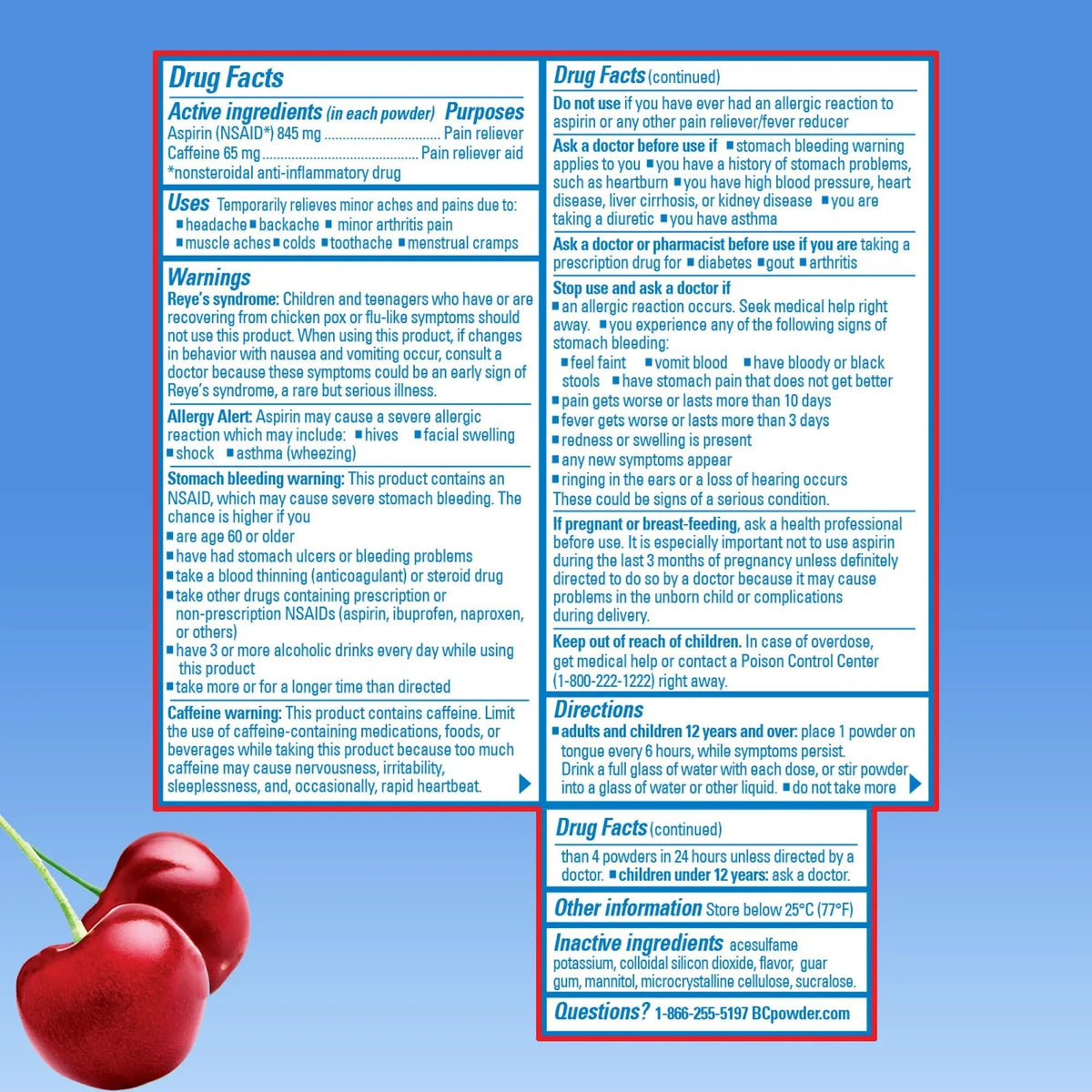 BC Headache Relief Powder, Dual-Action Formula with Aspirin & Caffeine Eases Aches & Pains, Cherry Flavor, 4 Count, Pack of 6 BCBuy Supplements Australia