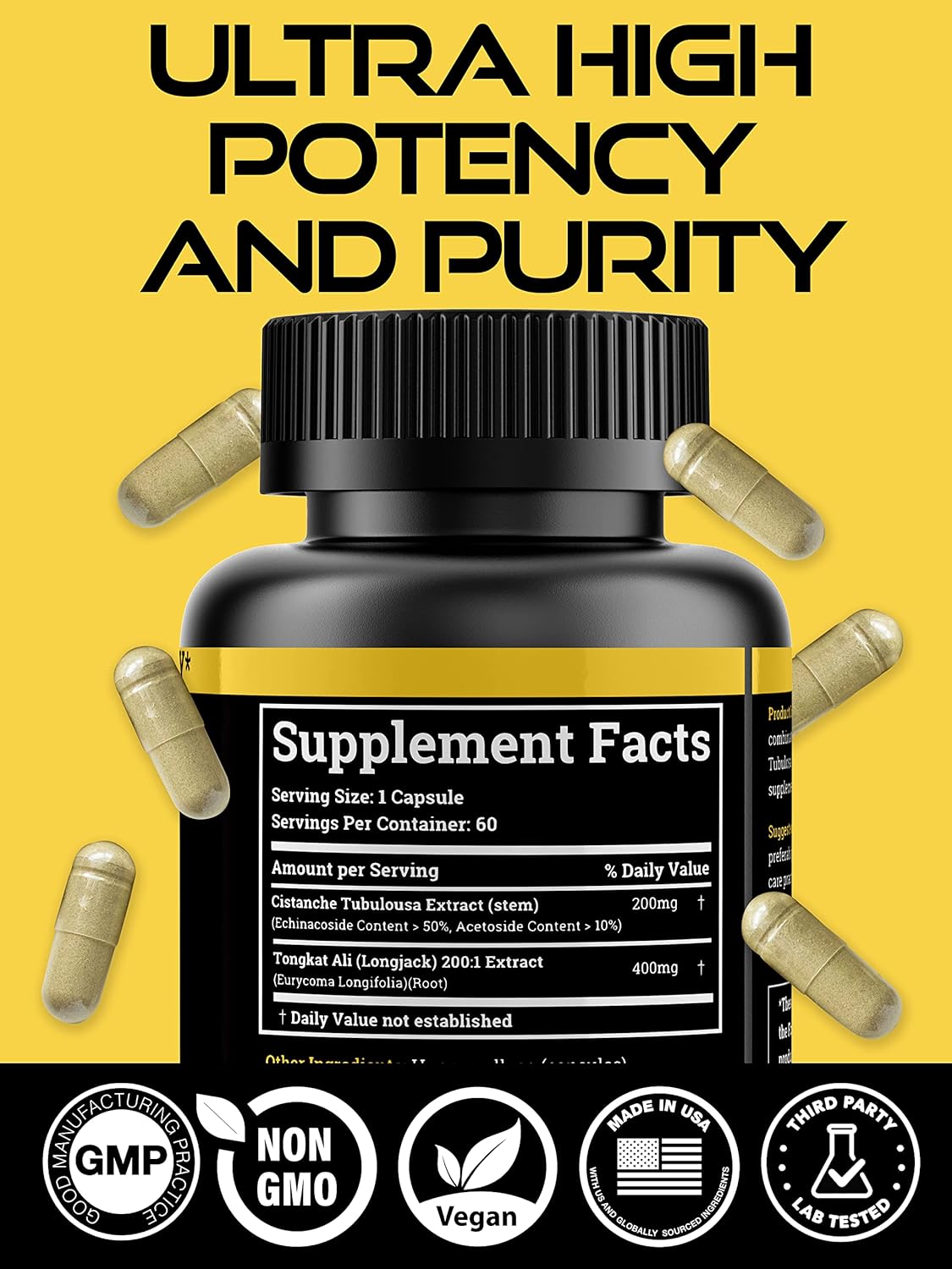 Cistanche Tubulosa 200mg & Tongkat Ali 400mg (Max Purity) 2 Month Supply (50% Echinacoside + 10% Acetoside with Tongkat Ali for Men 200:1 (Longjack) Eurycoma Longifolia) similar to Fadogia Agrestis