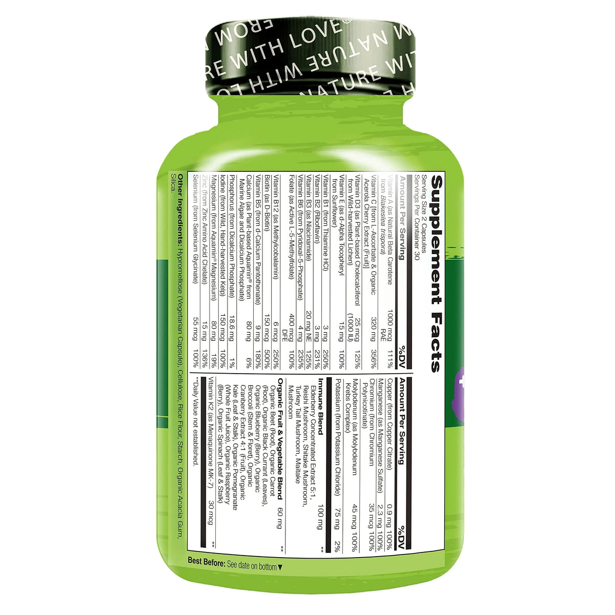 NATURELO Whole Food Multivitamin + Immune Blend with Elderberry & Mushrooms - Complete Multivitamin with Extra Immune Support NATURELO