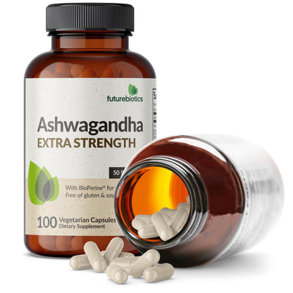Futurebiotics Ashwagandha Extra Strength Stress & Mood Support 100 Capsules | Vegetarian, Non-GMO, Gluten-FREE, Soy-FREE, BioPerine for High Absorption