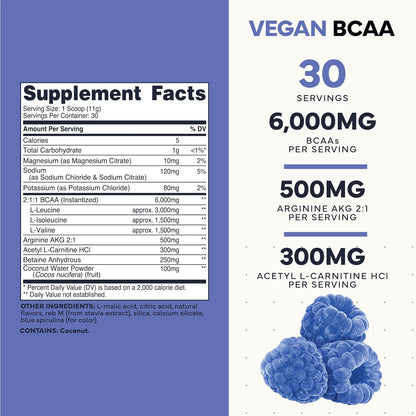 Type Zero Ultra Clean Vegan BCAA Powder + Electrolytes (Blue Raspberry) | 6g Per Serving, 2:1:1 Sugar-Free, No Sucralose, BCAAs Amino Acids Supplement, After Workout Drink, 30 Servings
