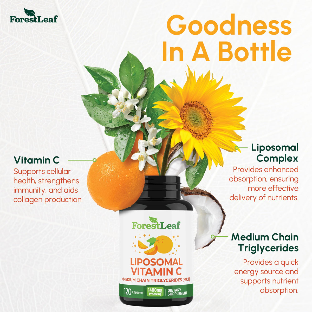 ForestLeaf Liposomal Vitamin C 1400mg Capsules | High Dose Vitamin C Liposomal Supplement w Coconut Oil Fatty Acids | Fast Absorption | Immune Support, Antioxidant,