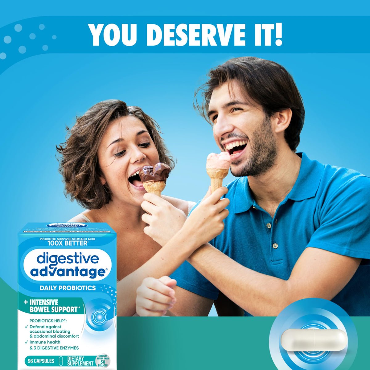 IBS Daily Probiotic Capsules for Digestive Health & Gut Health, Digestive Advantage Probiotics For Men and Women (96 count box) - Digestible Enzymes