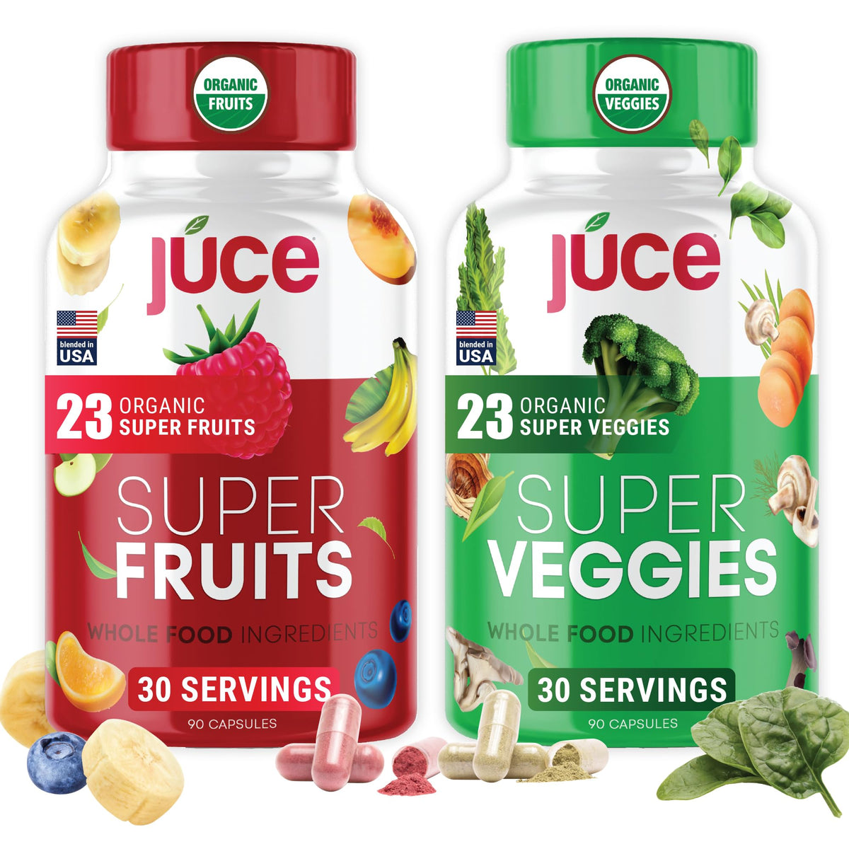 Juce Original Formula - Organic Super Fruit & Veggies Supplement - Gluten/Gelatin Free, Soy Free & Vegan- Reds & Greens Superfood Capsules- 23 Fruits & 23 Vegetables (180 Count)- By Terra Kai Organics Terra Kai Organics buy supplements Au
