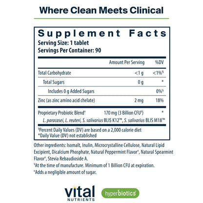 Hyperbiotics Vital Nutrients Pro Dental Probiotic | Clinically Studied BLIS K12 and M18 | Oral Probiotics for Bad Breath Treatment for Adults | Oral Health for Teeth and Gums | 45 Mint Tablets