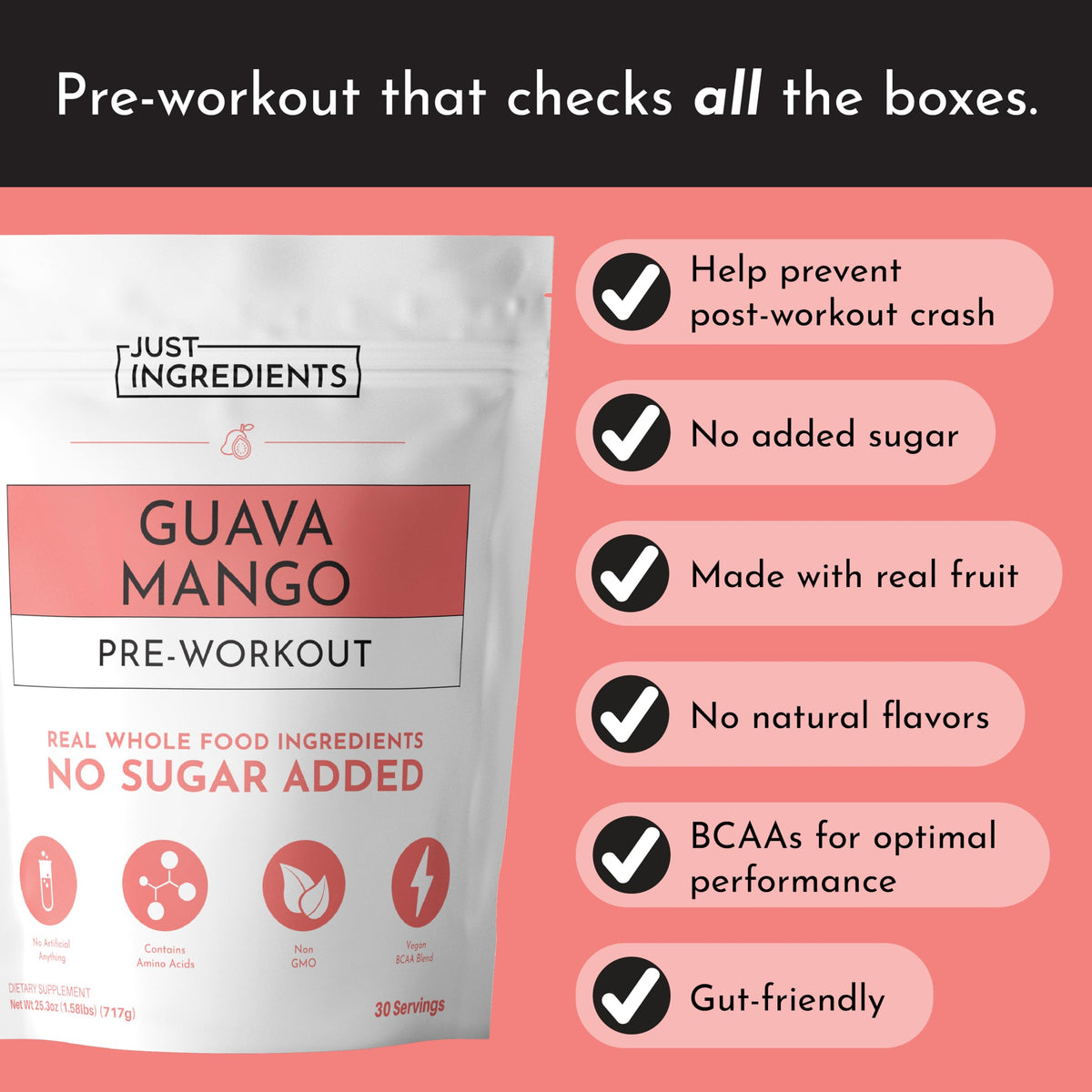 JUST INGREDIENTS Pre-Workout Raspberry Lemonade - Natural, Gluten-Free, No Artificial Sweeteners - 30 Servings, 150mg Caffeine