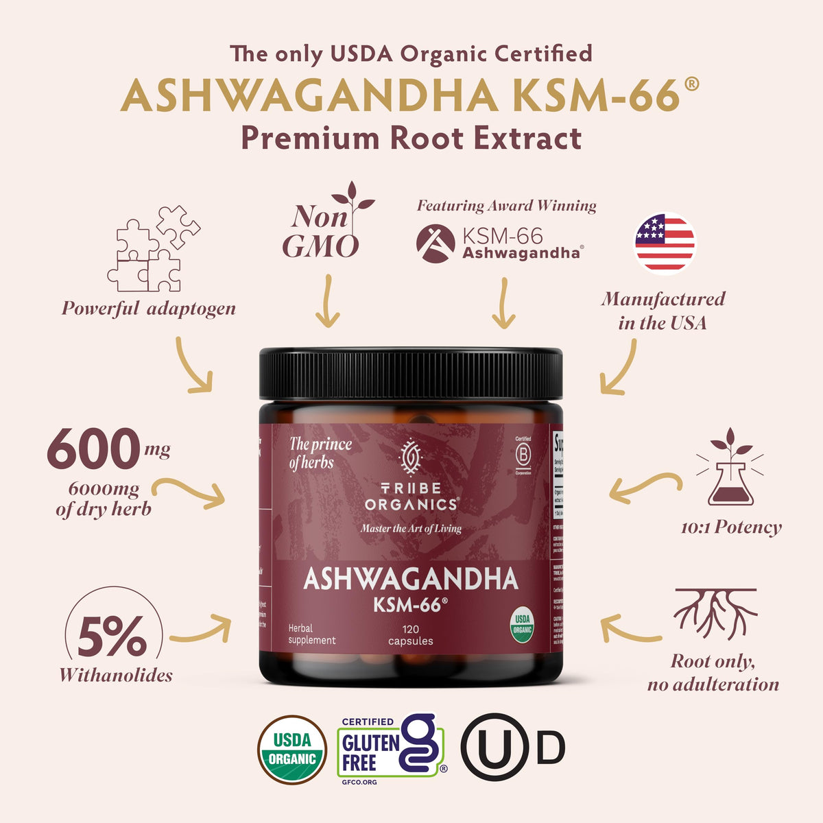 TRIBE ORGANICS Ashwagandha KSM 66 Pure Organic Root Powder Extract Ayurvedic Supplement - Focus, Mood Support, Increase Energy, Strength, 600mg of Natural KSM66