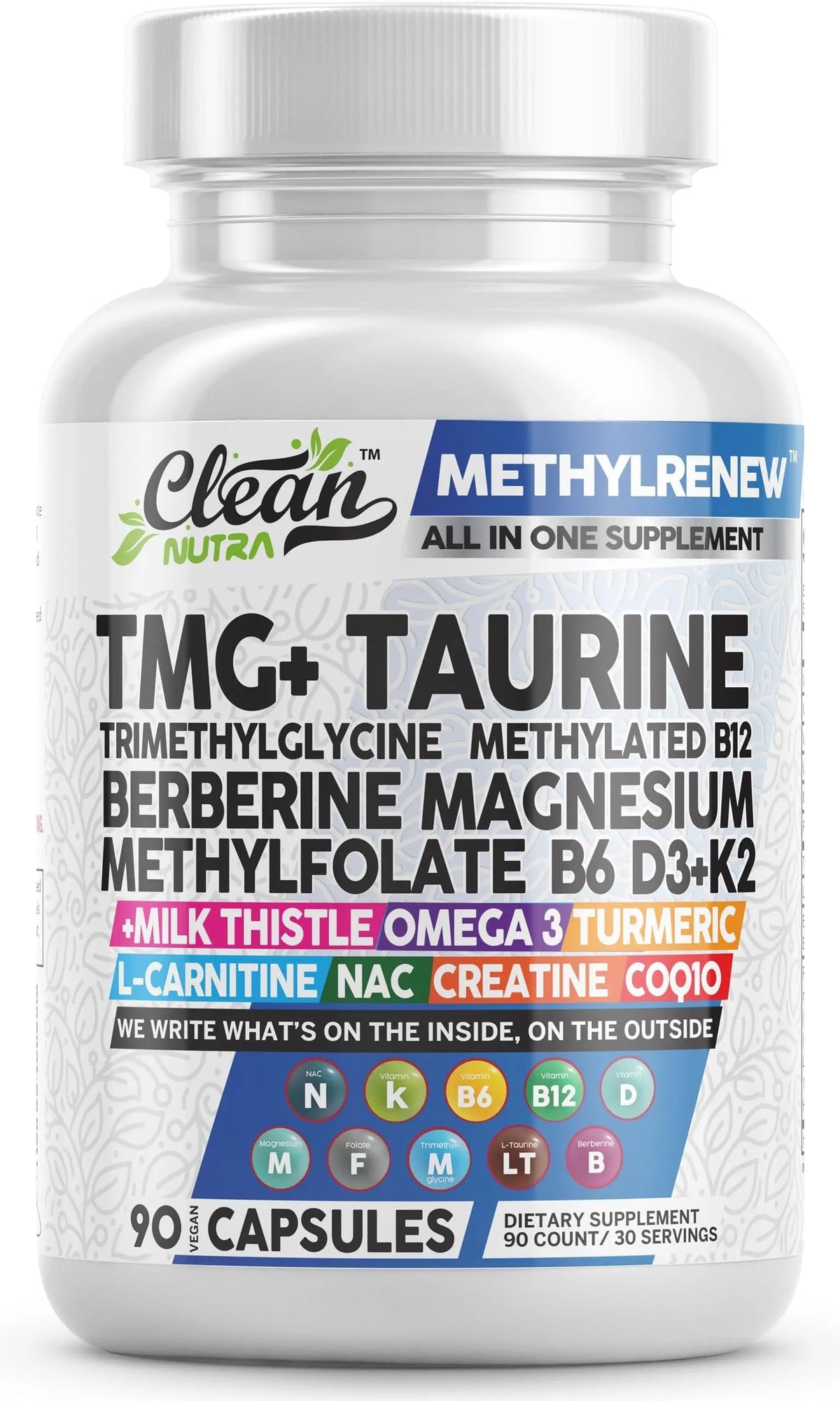 Clean Nutra TMG Supplements 1000mg | Methylated Multivitamin for Women Men | Taurine B6 Vitamins B12 D3 K2 Trimethylglycine Magnesium Clean Nutraceuticals