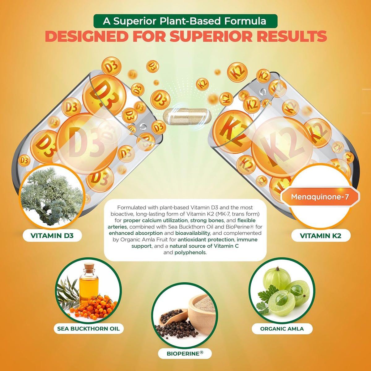 MoxyVites Vitamin D3 K2 5000 IU – High Absorption D3 + K2 MK-7 with Sea Buckthorn Oil & Omega-7 – Bone, Heart & Immune Support for Women & Men – 60 Vegan Capsules