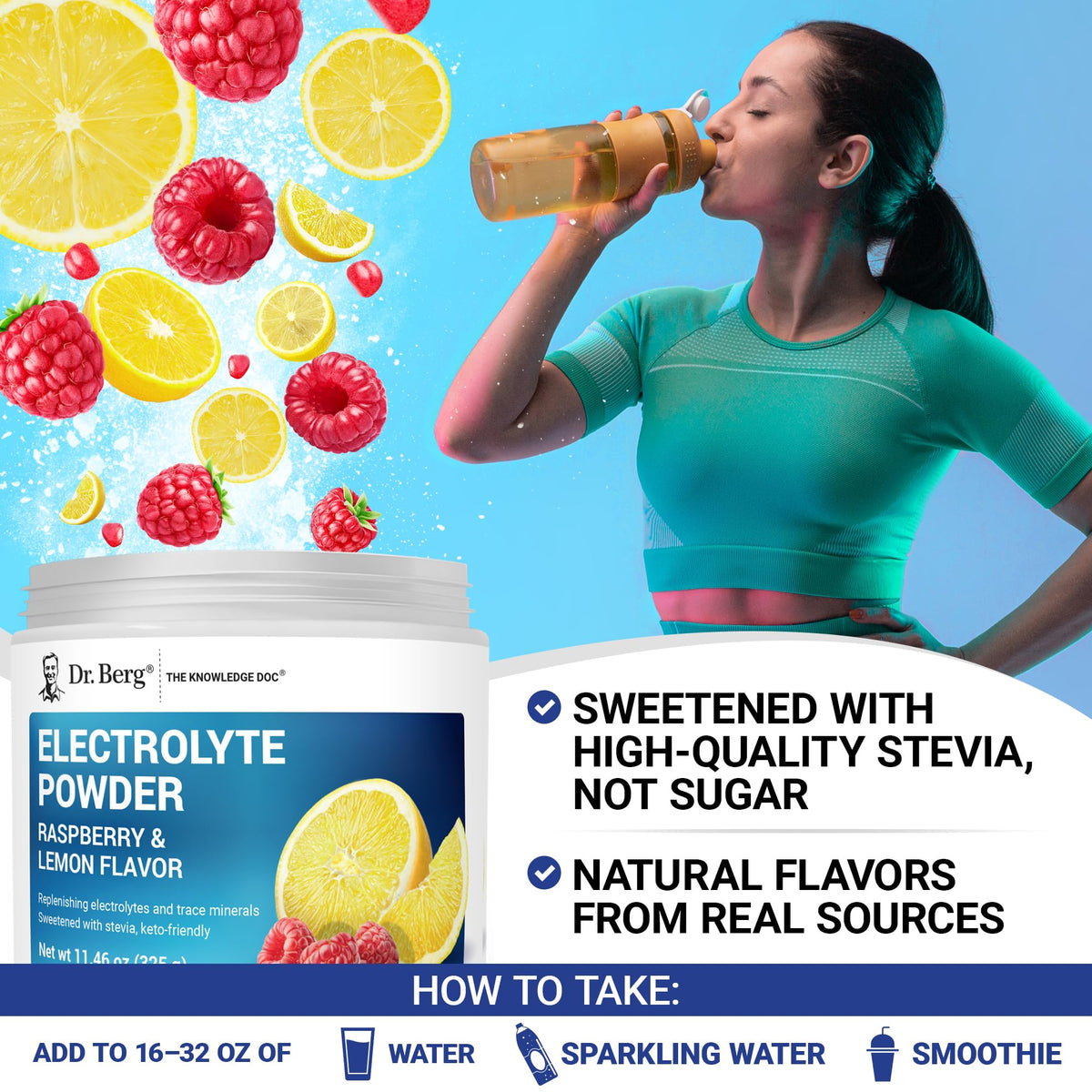 Dr. Berg Zero Sugar Hydration Keto Electrolyte Powder - Enhanced w/ 1000 mg of Potassium & Real Pink Himalayan Salt (NOT Table Salt) - Raspberry & Lemon Flavor Hydration Drink Supplement, 100 Servings