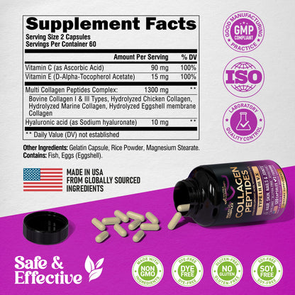 Multi Collagen Peptides - Hydrolyzed Types I, II, III, V & X - Collagen Supplement for Women 1300mg - w/ Hyaluronic Acid, Vitamins C & E - Skin, Hair, Nails & Joint Support - Lab Tested - 120 Capsules