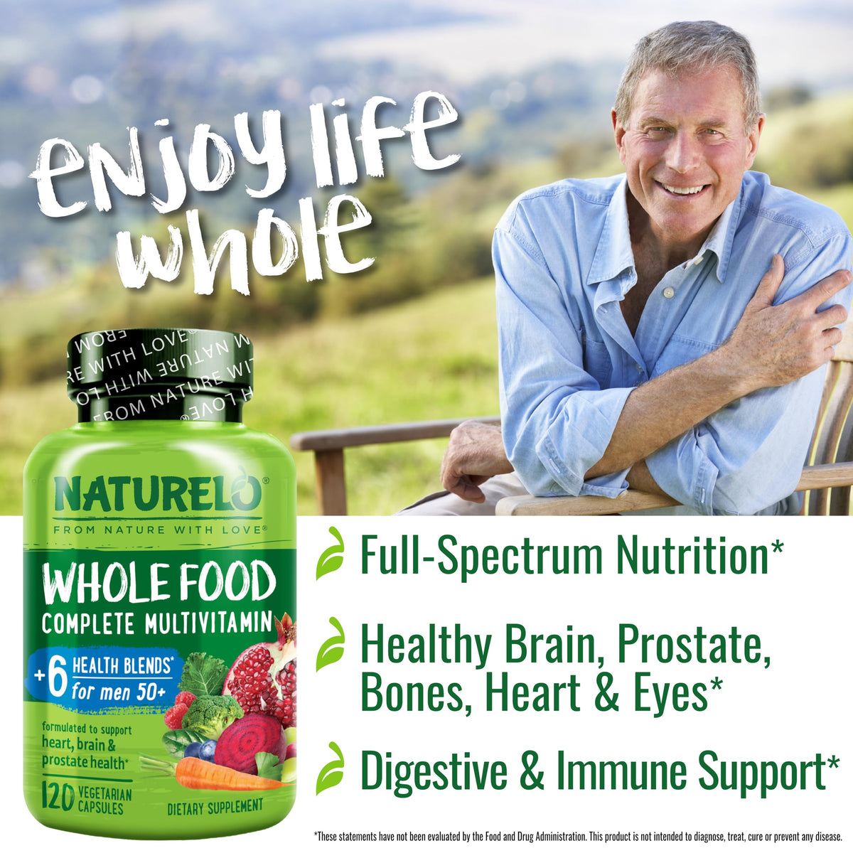 NATURELO Whole Food Multivitamin for Men 50+ - with Vitamins, Minerals, Organic Herbal Extracts - Vegan Vegetarian - for Energy, Brain, Heart and Eye Health - 120 Capsules
