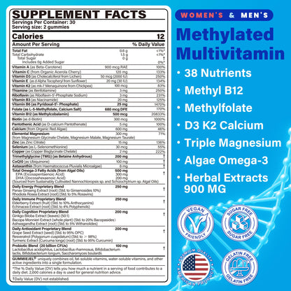 Methylated Multivitamin for Women & Men Gummies w/ Omega-3, Calcium, D3 K2, Methylfolate & B12, TMG, Daily Vitamins, Mag, CoQ10, Probiotic for 18 30 40 50 60 70+, Overall Health - Vegan, Sugar Free NEVISS buy supplements Au
