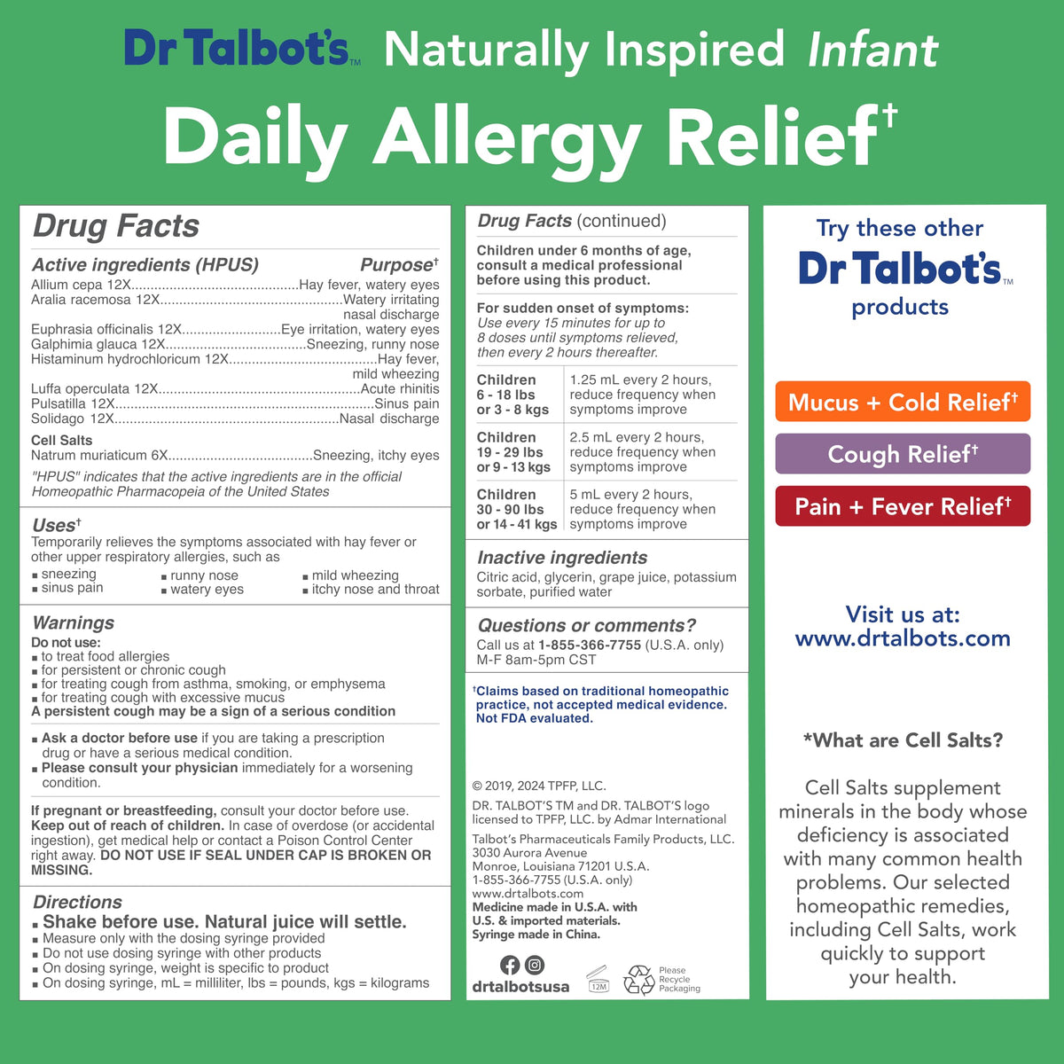 Dr. Talbot's Infant Daily Allergy Relief Liquid Medicine, Naturally Inspired for Babies, Includes Syringe, Grape Juice Flavor, Purple, 4 Fl Oz