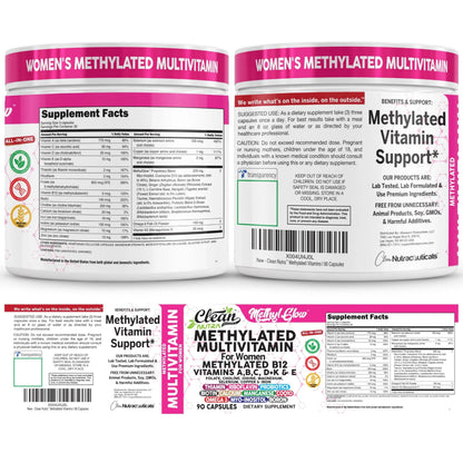 Methylated Multivitamin for Women Vitamins B6 Methyl B12 A B C D K E Folate Choline Omega 3 Thiamine Riboflavin Iron Clean Nutraceuticals