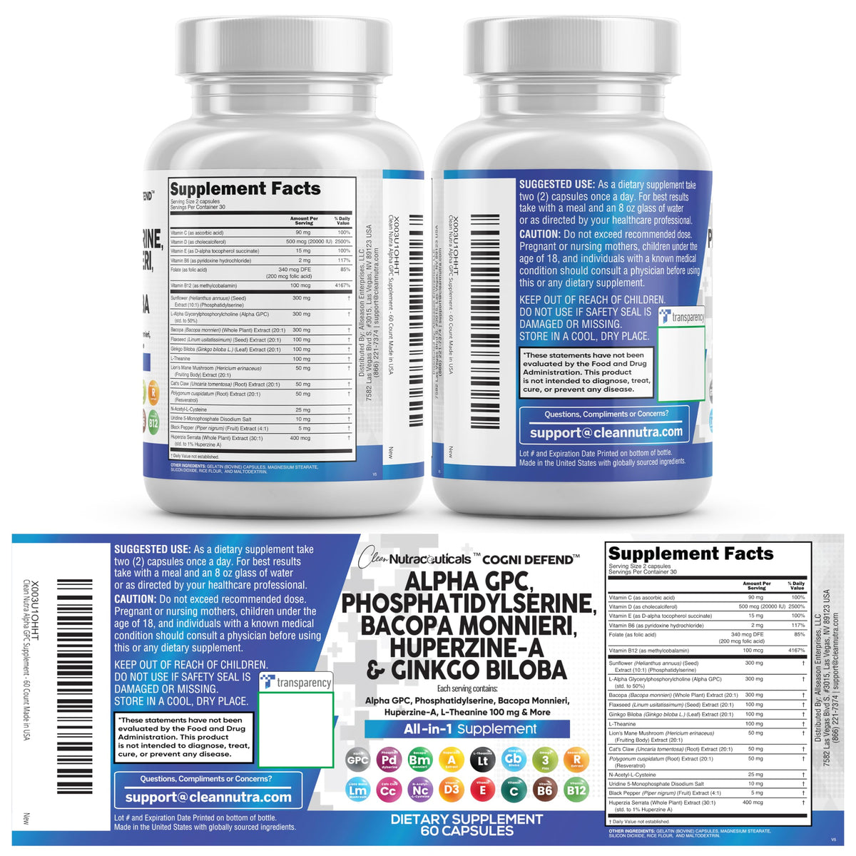 Brain Supplement Alpha GPC 300mg Phosphatidylserine Bacopa Monnieri Ginkgo Biloba Lions Mane Huperzine A L-Theanine NAC Nootropic Memory Focus Cognitive Support Vitamins B C D E 60 Capsules USA Clean NutraceuticalsBuy Supplements Australia